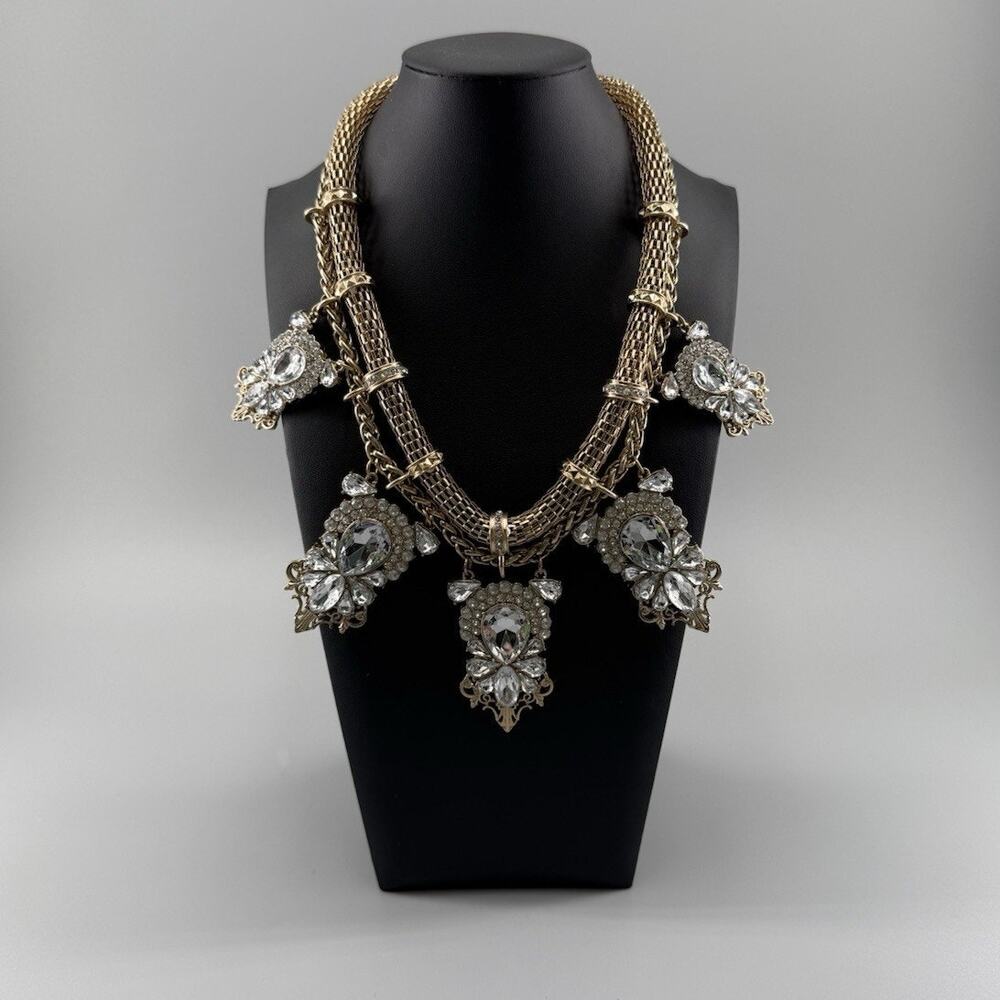 CLEOPATRA Design Statement Runway Chunky Rhinestone Gold Tone Mesh Necklace Boho